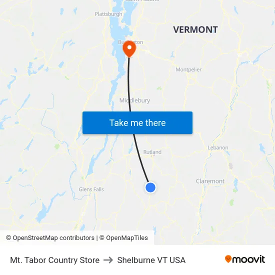Mt. Tabor Country Store to Shelburne VT USA map