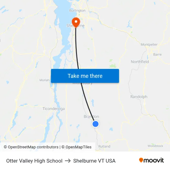 Otter Valley High School to Shelburne VT USA map