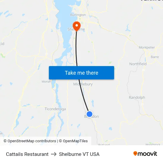 Cattails Restaurant to Shelburne VT USA map