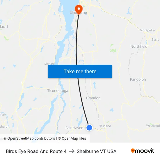 Birds Eye Road And Route 4 to Shelburne VT USA map