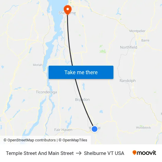 Temple Street And Main Street to Shelburne VT USA map
