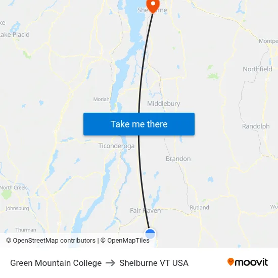 Green Mountain College to Shelburne VT USA map