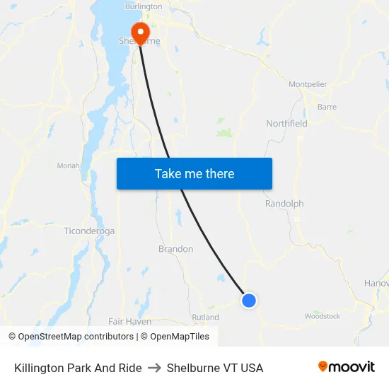 Killington Park And Ride to Shelburne VT USA map
