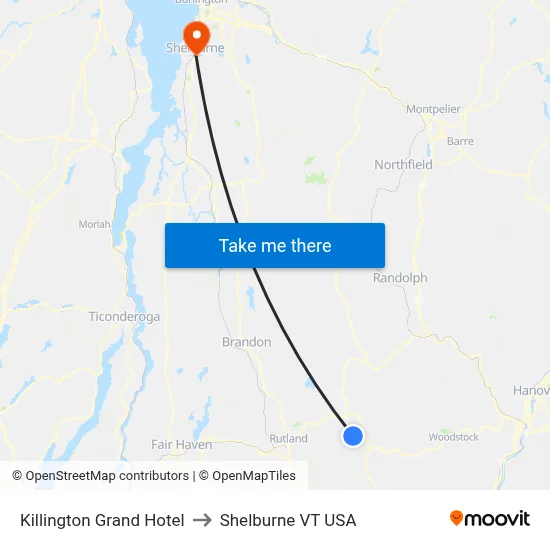 Killington Grand Hotel to Shelburne VT USA map