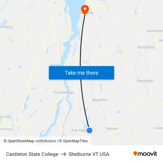 Castleton State College to Shelburne VT USA map