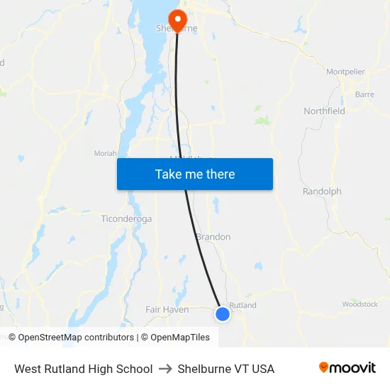 West Rutland High School to Shelburne VT USA map