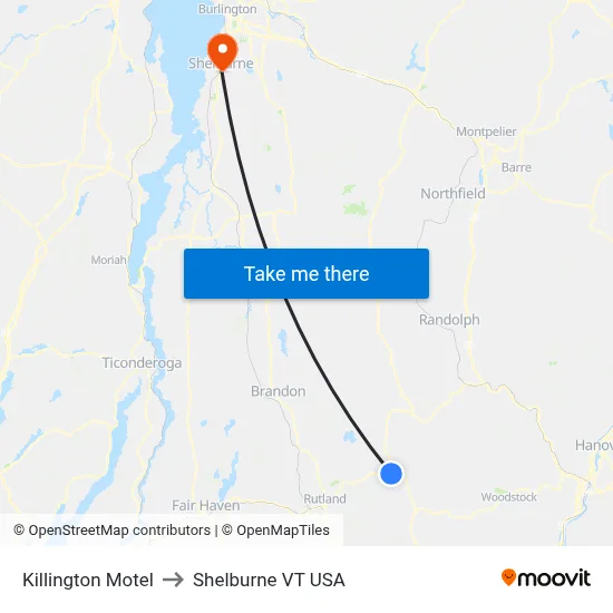 Killington Motel to Shelburne VT USA map