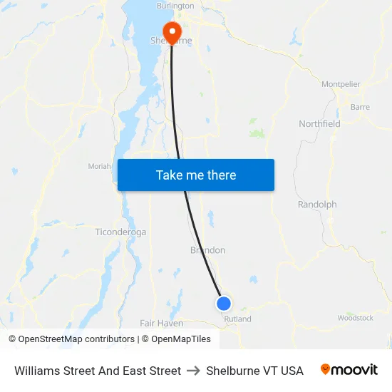 Williams Street And East Street to Shelburne VT USA map
