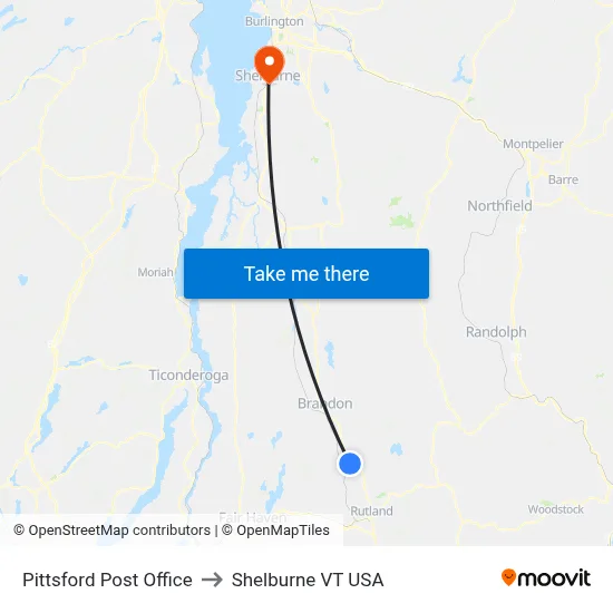 Pittsford Post Office to Shelburne VT USA map