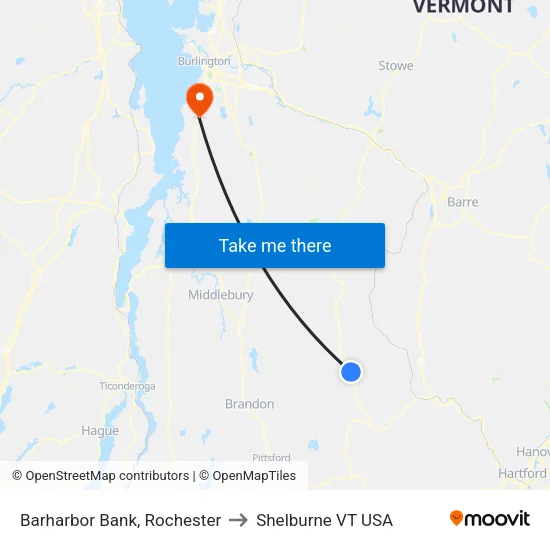 Barharbor Bank, Rochester to Shelburne VT USA map