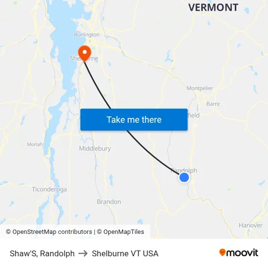 Shaw'S, Randolph to Shelburne VT USA map