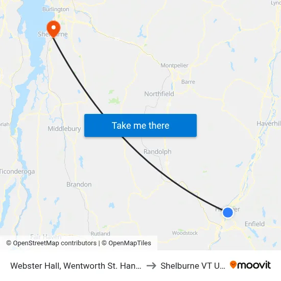 Webster Hall, Wentworth St. Hanover to Shelburne VT USA map