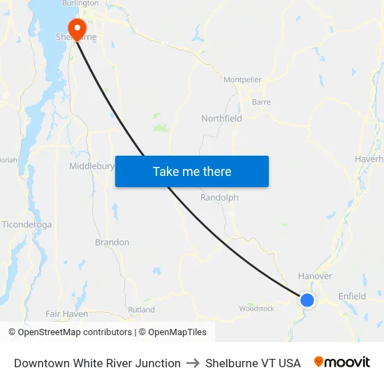 Downtown White River Junction to Shelburne VT USA map