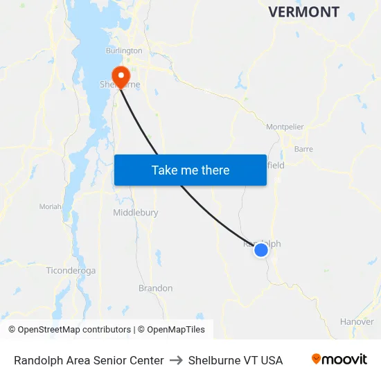 Randolph Area Senior Center to Shelburne VT USA map
