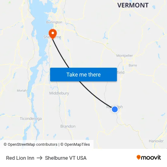 Red Lion Inn to Shelburne VT USA map