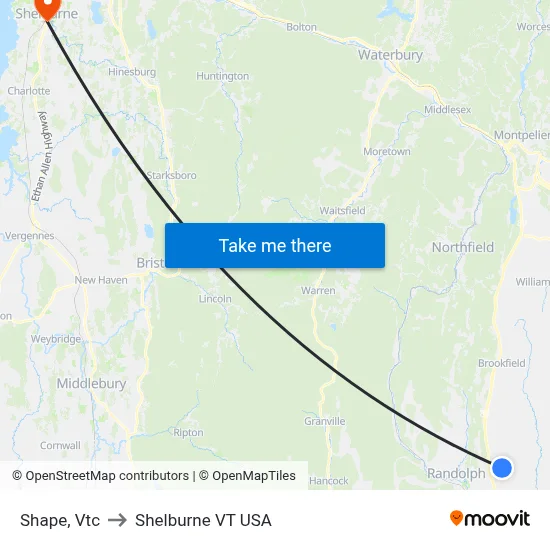 Shape, Vtc to Shelburne VT USA map