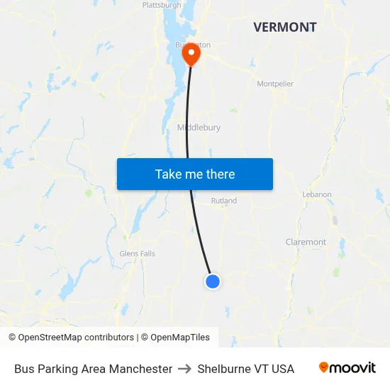 Bus Parking Area Manchester to Shelburne VT USA map