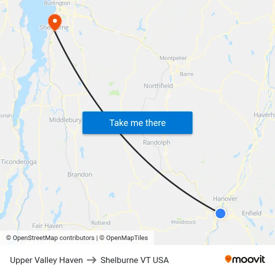 Upper Valley Haven to Shelburne VT USA map