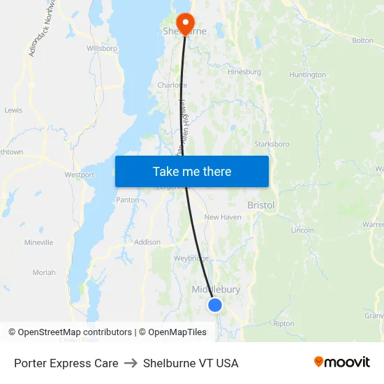 Porter Express Care to Shelburne VT USA map