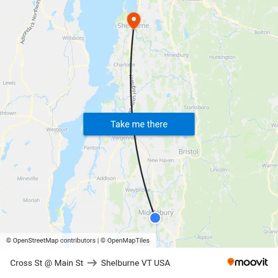 Cross St @ Main St to Shelburne VT USA map