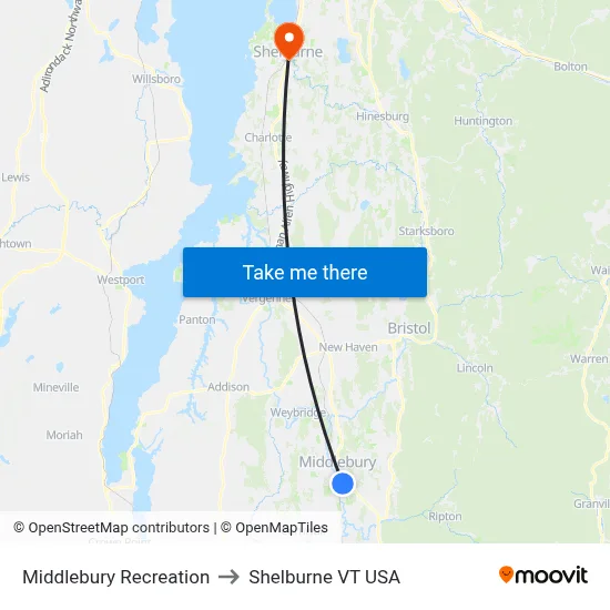 Middlebury Recreation to Shelburne VT USA map