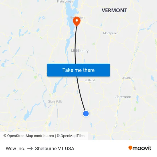 Wcw Inc. to Shelburne VT USA map