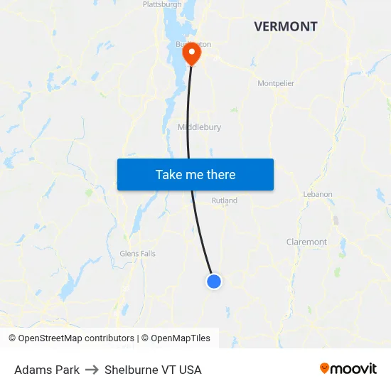 Adams Park to Shelburne VT USA map