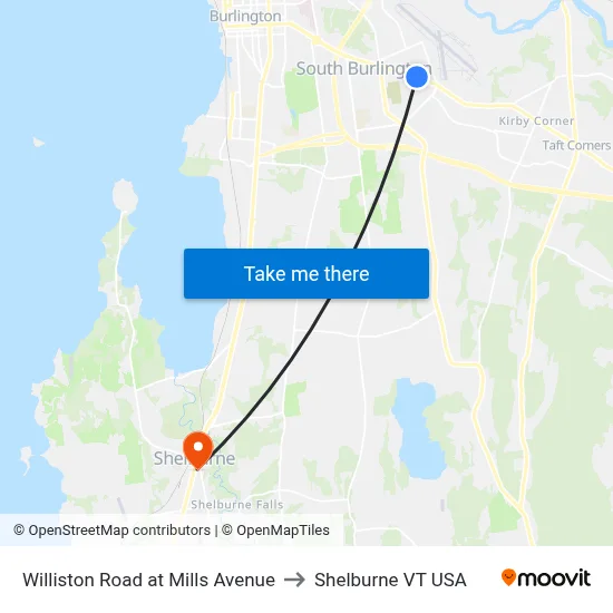Williston Road at Mills Avenue to Shelburne VT USA map