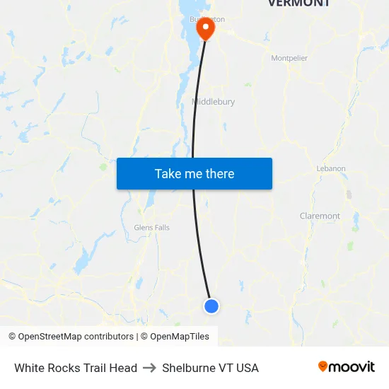 White Rocks Trail Head to Shelburne VT USA map