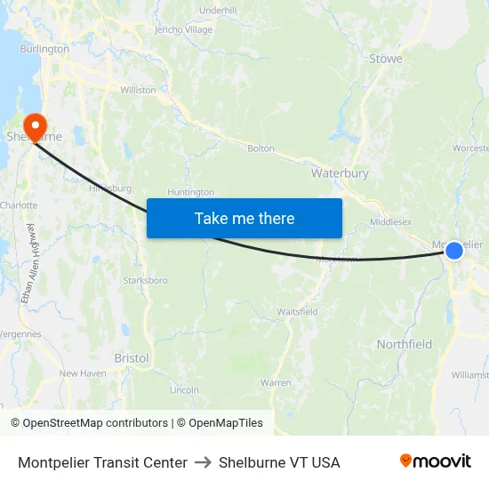 Montpelier Transit Center to Shelburne VT USA map
