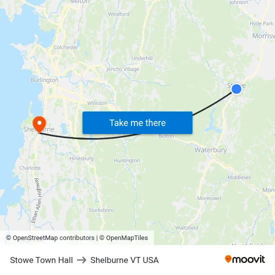 Stowe Town Hall to Shelburne VT USA map