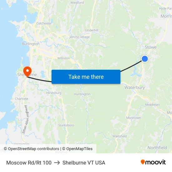 Moscow Rd/Rt 100 to Shelburne VT USA map