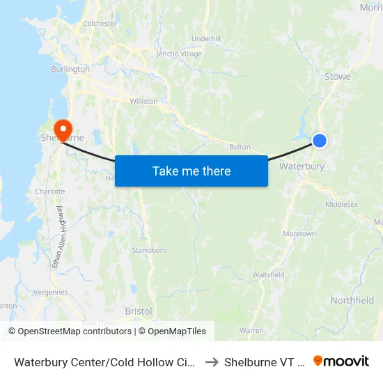 Waterbury Center/Cold Hollow Cider Mill to Shelburne VT USA map