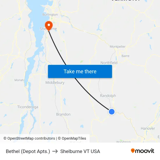 Bethel (Depot Apts.) to Shelburne VT USA map