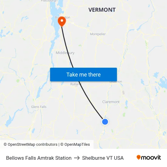 Bellows Falls Amtrak Station to Shelburne VT USA map