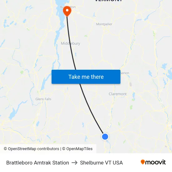 Brattleboro Amtrak Station to Shelburne VT USA map