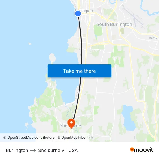 Burlington to Shelburne VT USA map