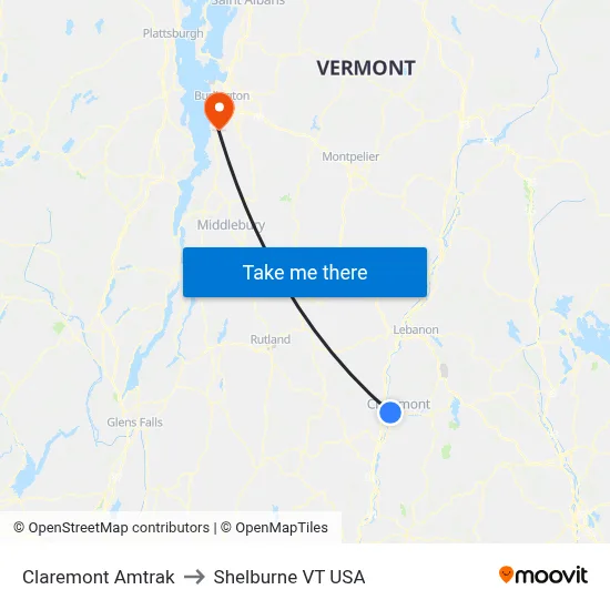 Claremont Amtrak to Shelburne VT USA map
