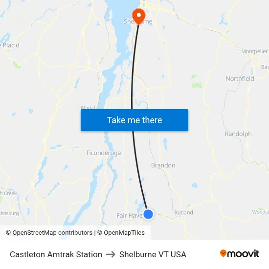 Castleton Amtrak Station to Shelburne VT USA map
