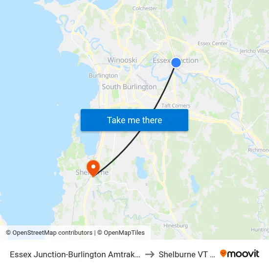 Essex Junction-Burlington Amtrak Station to Shelburne VT USA map