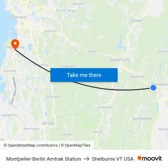 Montpelier-Berlin Amtrak Station to Shelburne VT USA map