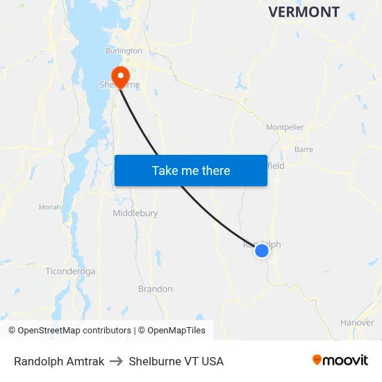 Randolph Amtrak to Shelburne VT USA map