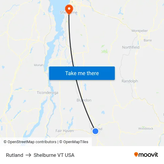 Rutland to Shelburne VT USA map