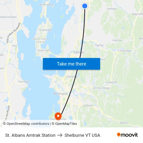 St. Albans Amtrak Station to Shelburne VT USA map