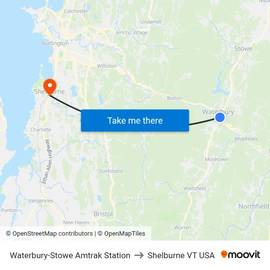 Waterbury-Stowe Amtrak Station to Shelburne VT USA map