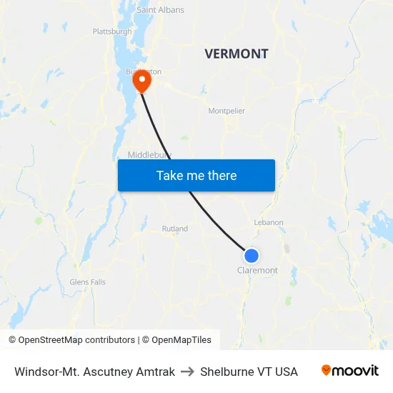 Windsor-Mt. Ascutney Amtrak to Shelburne VT USA map