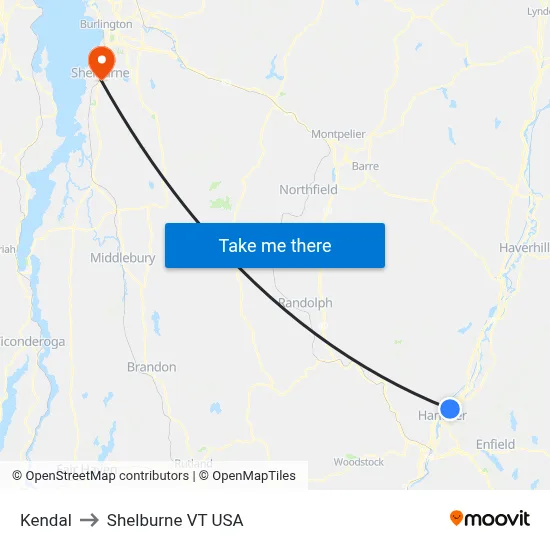Kendal to Shelburne VT USA map