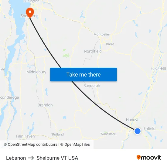 Lebanon to Shelburne VT USA map
