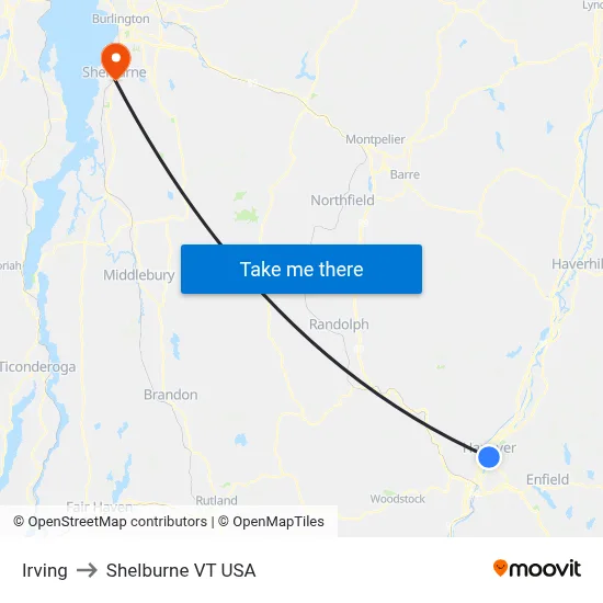 Irving to Shelburne VT USA map