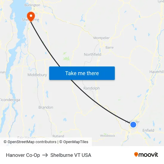 Hanover Co-Op to Shelburne VT USA map